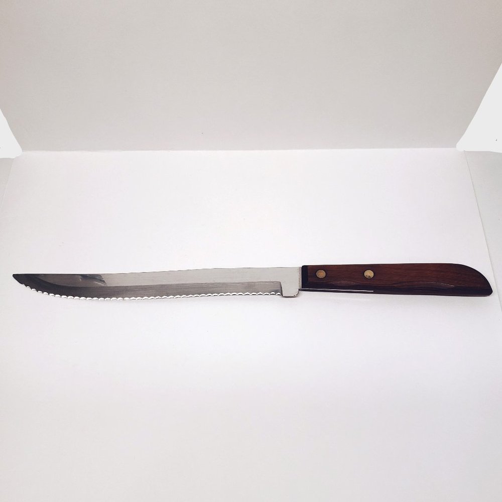 Vintage Washington Forge Serrated Bread Knife Made in USA Smooth Wood Handle